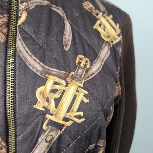 RLL Vintage Ribbed Brown Cardigan Jacket  Equestrian Size M Horse Bridle Print - Picture 5 of 14